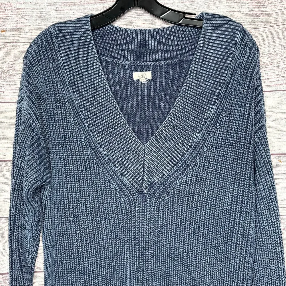Aerie 100% Cotton Ribbed Blue Oversized Soft V Neckline Pullover Sweater Small